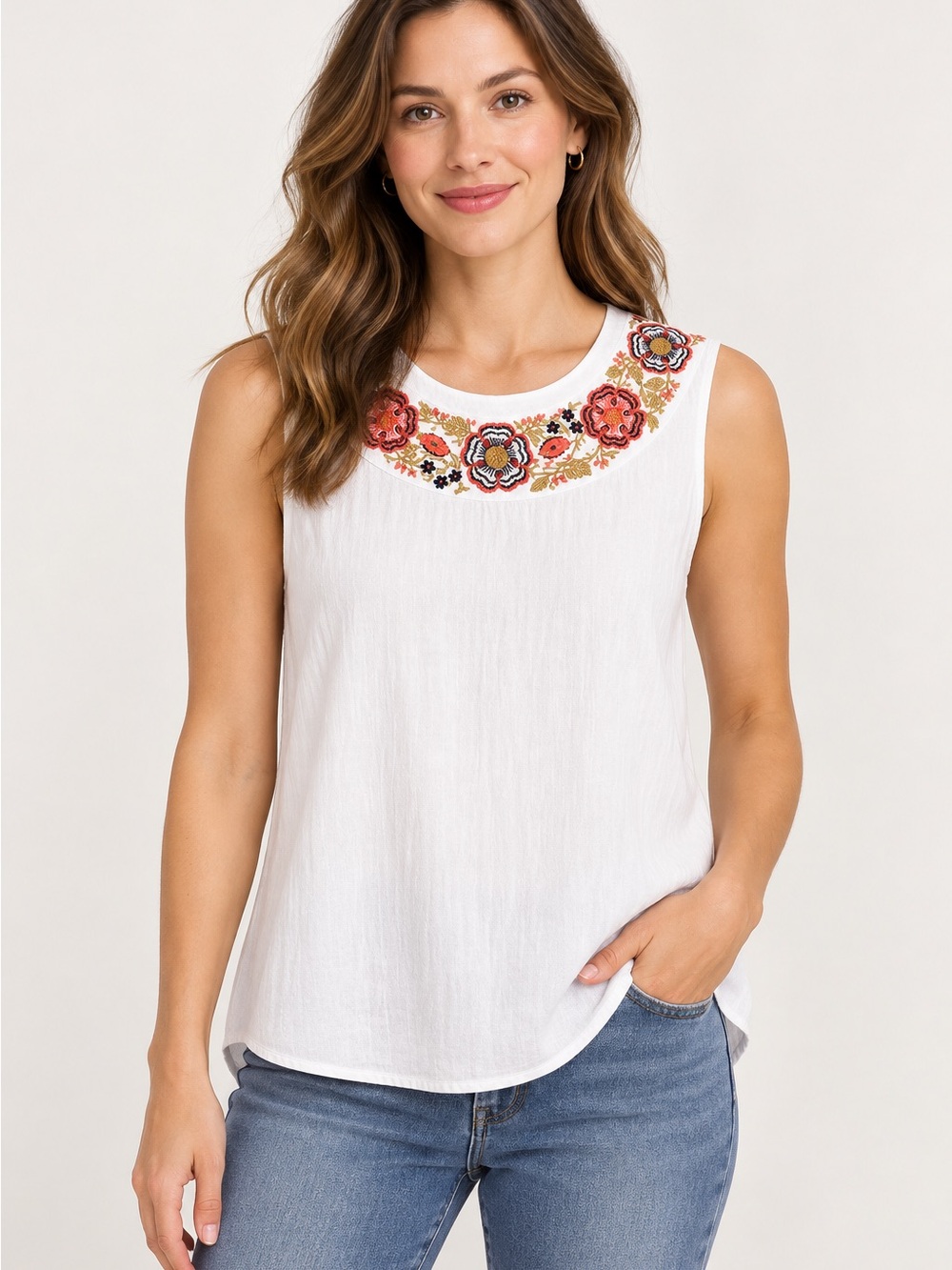 NorthStyle White Sleeveless Tank with Embroidered Floral Yoke